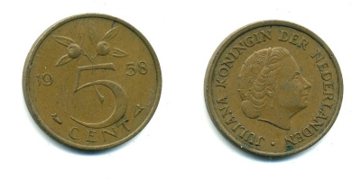 НИДЕРЛАНДЫ 5 ЦЕНТОВ 1958 ЮЛИАНА KM 181 бронза 76-423