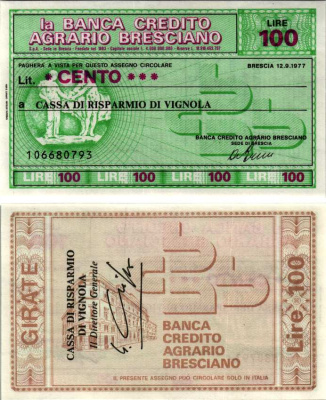 Италия 100 лир 1977 12 сентября 1977 La Banca credito agrario Brescia бумага UNC (пресс) 7222-42-3-1