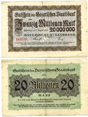 МЮНХЕН 20000000 МАРОК 1923 НОТГЕЛЬД, 23 АВГУСТА 1923, ЗЕМЛЯ БАВАРИЯ Keller 276с бумага 3295-118-2-2