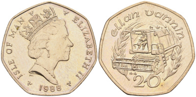 Остров Мэн 20 пенсов 1988 АА, комбайн, Елизавета II (1952) KM 211 медно-никель UNC 4582-337