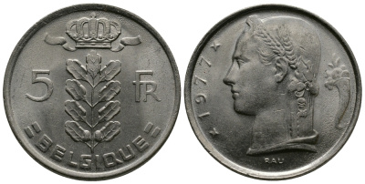 БЕЛЬГИЯ 5 ФРАНКОВ 1977 BELGIQUE KM 134.1 медно-никель 84-852