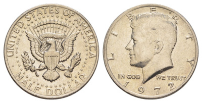 США 1/2 доллара (50 центов) 1972 Джон Кеннеди KM 202b медь плакированная медно-никелем aUNC 4140-526