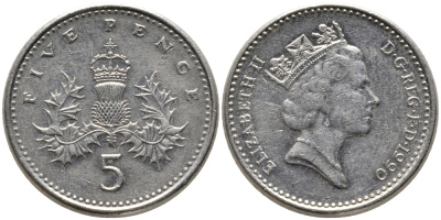 Великобритания 5 пенсов 1990 Елизавета II (1952-2022) KM 937b, Spink 4372 (D4) медно-никель 99-1064