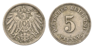 Германия 5 пфеннигов 1901 A KM 11, J. 12 медно-никель 4696-622