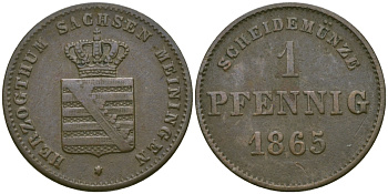 Саксен-Мейнинген 1 пфенниг 1865 Бернгард II (1803-1866) KM 170 медь 99-629