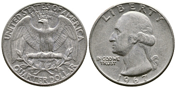 США 25 центов (квотер) 1967 Вашингтон KM 164а медь плакированная медно-никелем 4382-1047