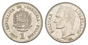 Венесуэла 1 боливар 1989 Симон Боливар, тонкий шрифт Y 52a.1 сталь плакированная никелем 4589-1152