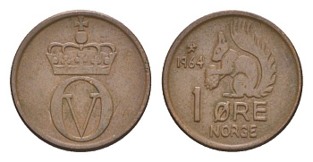 Норвегия 1 эре 1964 Улаф V (1957-1991) KM 403 бронза 4632-1116