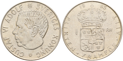 Швеция 1 крона 1965 U, Густав VI Адольф (1950-1973) KM 826 серебро 4597-224