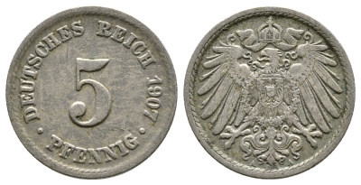 ГЕРМАНИЯ 5 ПФЕННИГОВ 1907 А, KM 11, J. 12 медно-никель 4380-139