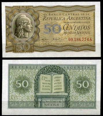 Аргентина 50 сентаво ND (1950) серия А 09186, свобода, конституция Pick 259 a бумага UNC (пресс)  7203-1-2-2
