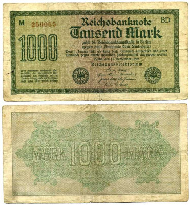 ГЕРМАНИЯ 1000 МАРОК 1922 15 СЕНТЯБРЯ 1922, ВОДЯНОЙ ЗНАК F, БЕЛАЯ БУМАГА Pick 76с бумага 8595-3-3-1