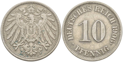 ГЕРМАНИЯ 10 ПФЕННИГОВ 1906 J KM 12, Jager 13, Weege 8 медно-никель 219-126