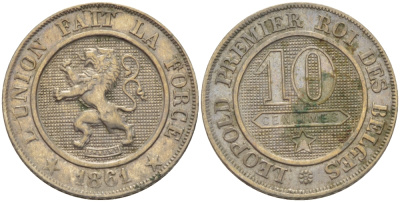 БЕЛЬГИЯ 10 САНТИМОВ 1861 BELGES KM 22 медно-никель 24-342