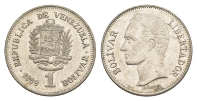 Венесуэла 1 боливар 1989 Симон Боливар, тонкий шрифт Y 52a.1 сталь плакированная никелем 4589-1152