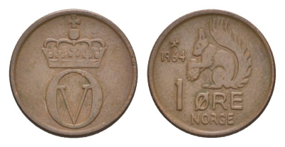 Норвегия 1 эре 1964 Улаф V (1957-1991) KM 403 бронза 4632-1116