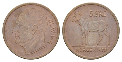Норвегия 5 эре 1970 Улаф V (1957-1991) KM 405 медь 4514-152