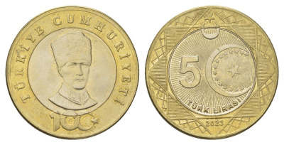 Турция 5 лир 2023 100 лет Турецкой Республики KM NEW биметалл UNC 221-1011