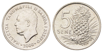 Самоа 5 сене 2000 Малиетоа Танумафили II (1962-2010) KM 14 медно-никель UNC 4625-139