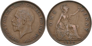 Великобритания 1 пенни 1936 Георг V (1910-1936) KM 838, Spink 4055 бронза 4574-111