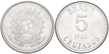 Бразилия 5 крузадо 1987 реформа (1986-1989) KM 606 нержавеющая сталь 4529-747