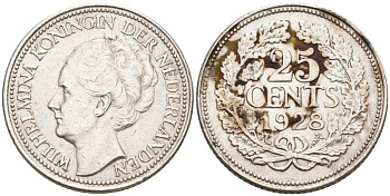 Нидерланды 25 центов 1928 Вильгельмина (1890-1948) KM 164 серебро 94-721