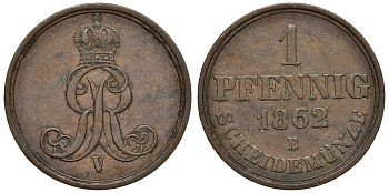 Ганновер 1 пфенниг 1862 B, Георг V KM 233, AKS 156, J. 90 медь 4594-457