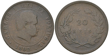 Португалия 20 реалов 1892 Карлуш I (1889-1908) KM 533 бронза 4512-943