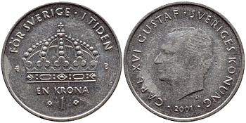 Швеция 1 крона 2001 Карл XVI Густав (1973- ) KM 894 медно-никель 4364-2751