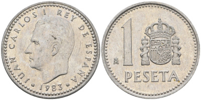 Испания 1 песета 1983 M, Хуан Карлос I (1975-2014) KM 821 алюминий 4401-444