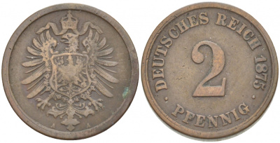 ГЕРМАНИЯ 2 ПФЕННИГА 1875 A, СТАРОГЕРБОВКА KM 2, J.2 медь 4532-533
