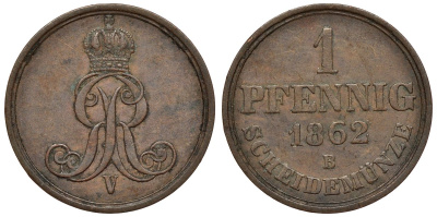 Ганновер 1 пфенниг 1862 B, Георг V KM 233, AKS 156, J. 90 медь 4594-457