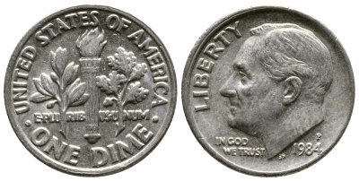 США 10 ЦЕНТОВ = 1 ДАЙМ 1984 P, РУЗВЕЛЬТ KM 195а медь плакированная медно-никелем 57-1224