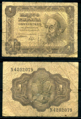 Испания 1 песета 1951 19 ноября 1951, Дон Кихот де Ла Манча Pick 139а бумага 7207-46-3-2
