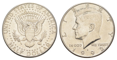 США 1/2 доллара (50 центов) 1992 D, Джон Кеннеди KM A202b медь плакированная медно-никелем aUNC 4382-123