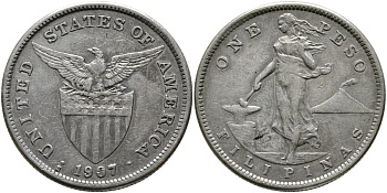 Филипинны 1 песо 1907 S, администрация США KM 172 серебро 1519-1342