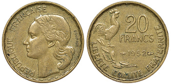Франция 20 франков 1952 KM 917.1 алюминиевая бронза 51-2815