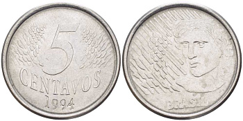 Бразилия 5 сентаво 1997 реформа 1994-, голова свободы влево KM 632 нержавеющая сталь 259-1033