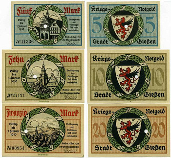 ГИССЕН, ГЕРМАНИЯ НАБОР ИЗ 3 БАНКНОТ 1918-1919 1 НОЯБРЯ 1918 - 1 ФЕВРАЛЯ 1919, НОТГЕЛЬД, ЗЕМЛЯ ГЕССЕН (5, 10, 20 МАРОК) Geiger 178.01, 178.02b, 178.03 бумага аUNC 8613-35-2