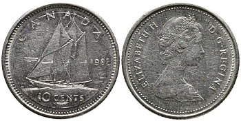 КАНАДА 10 ЦЕНТОВ 1982 ЕЛИЗАВЕТА II (1952-), ПАРУСНИК, ВТОРОЙ ПОРТРЕТ В КОРОНЕ KM 77.2 никель 4532-827