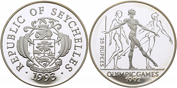 Сейшельские острова 25 рупий 1993 XXV летние олимпийские игры 1992 года в Барселоне, гиманстика, тираж 40000 экз. KM 70 серебро PROOF 1077-8-21