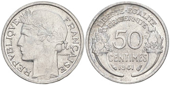 ФРАНЦИЯ 50 САНТИМОВ 1941 ТИП MORLON LOURDE KM 894.1a, LE FRANC 193.2 алюминий 44-219
