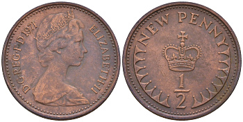 Великобритания 1/2 пенни 1971 Елизавета II (1952-2022) KM 914, Spink 4239 бронза    4147-336