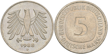 ФРГ 5 марок 1988 D J. 415 медно-никель плакированный никелем 08-641