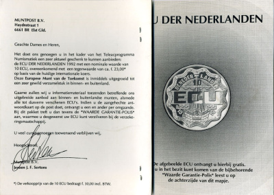 Нидерланды 10 экю 1992 в картонном буклете для коллекции экю, король Виллем I, расширение торговли со всеми странами, диаметр 39 мм, медно-никель UNC 3-6-4-36