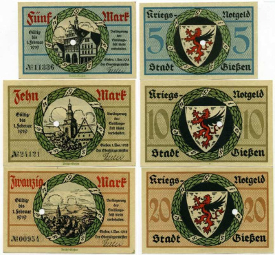 ГИССЕН, ГЕРМАНИЯ НАБОР ИЗ 3 БАНКНОТ 1918-1919 1 НОЯБРЯ 1918 - 1 ФЕВРАЛЯ 1919, НОТГЕЛЬД, ЗЕМЛЯ ГЕССЕН (5, 10, 20 МАРОК) Geiger 178.01, 178.02b, 178.03 бумага аUNC 8613-35-2