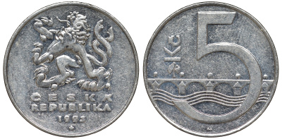 Чехия 5 крон 1993 чешский лев, Карлов мост KM 8 сталь плакированная никелем 51-1127