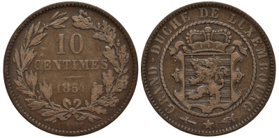 ЛЮКСЕМБУРГ 10 САНТИМОВ 1854 u, ГЕРЦОГ ВИЛЛЕМ III НИДЕРЛАНДСКИЙ (1849-1890), МОНДВОР УТРЕХТ КМ 23.1 бронза 4536-424