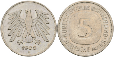ФРГ 5 марок 1988 D J. 415 медно-никель плакированный никелем 08-641