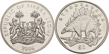 Сьерра-Леоне 1 доллар 2006 серия динозавры, стегозавр KM 308 медно-никель UNC M20-14